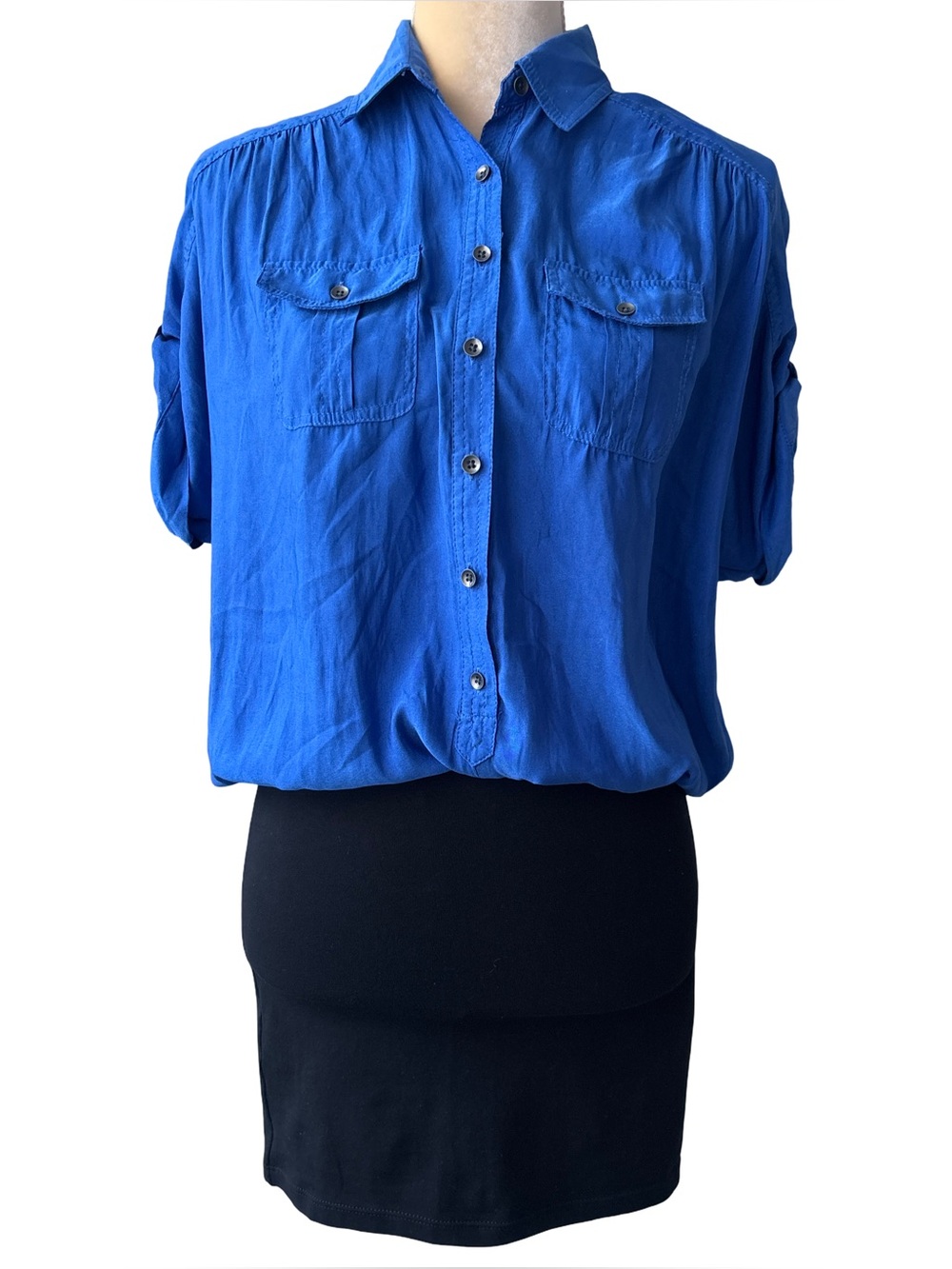 Express Womens Blouson Dress Blue Black Pockets Satin Knit XS New Casual Work